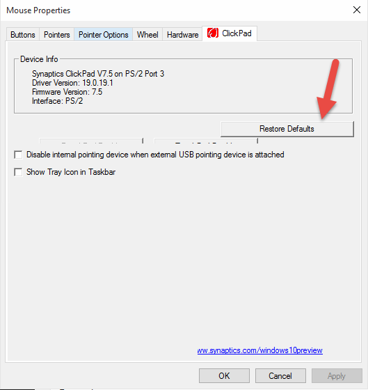 Synaptics mouse settings