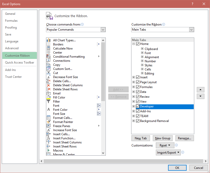 Excel customize ribbon add developer tab