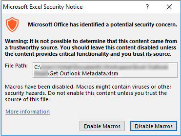 Excel macro security warning dialog