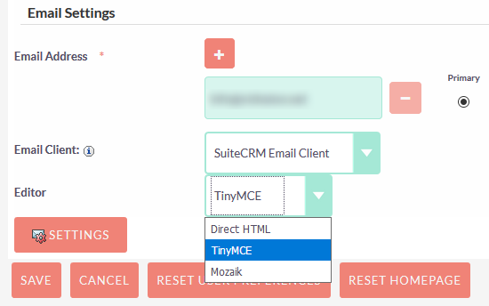 SuiteCRM settings to change email template to simple TinyMCE