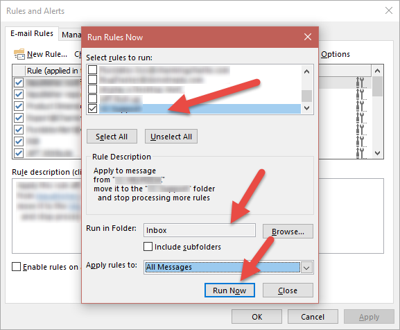 Outlook Rules and Alerts Wizard Run Rules Now