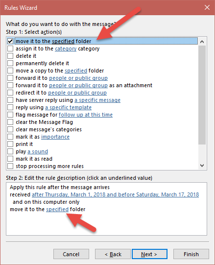 Outlook Rules and Alerts Wizard Action
