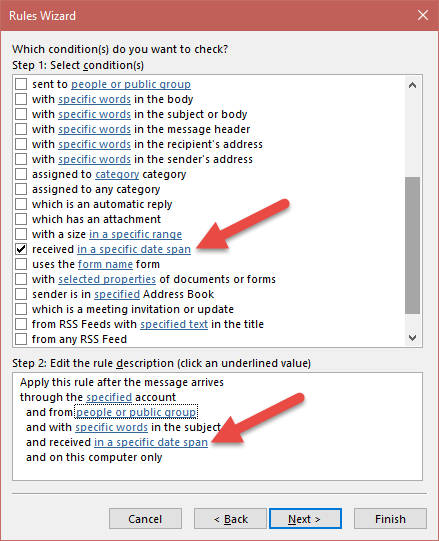 Outlook Rules and Alerts Wizard Select Condition