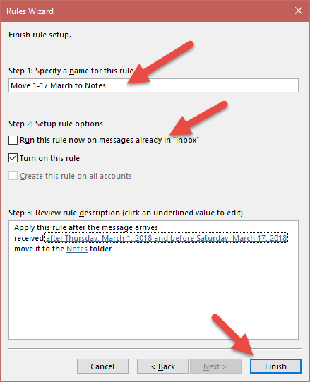 Outlook Rules and Alerts Wizard Finish