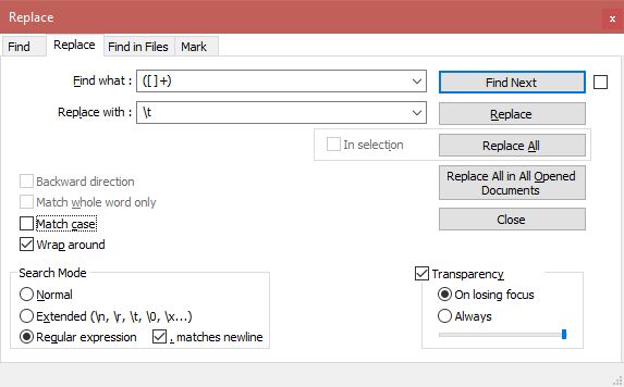 Notepad++ replace multiple spaces with tab character