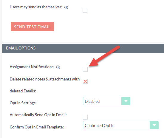 SuiteCRM Admin Email Assignment Notification checkbox