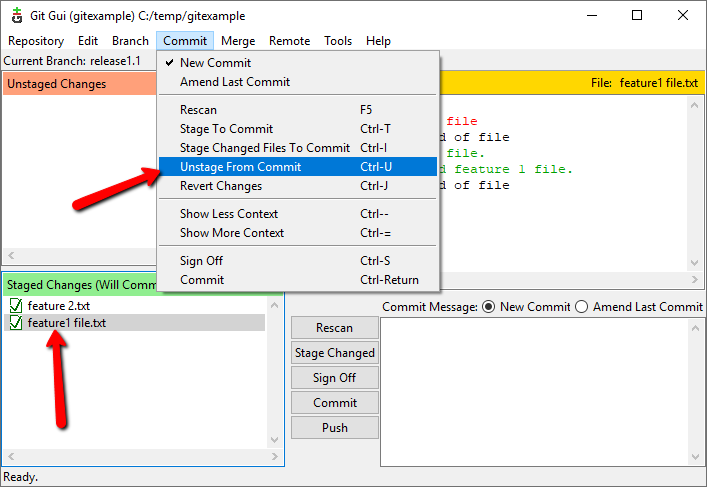 Git GUI staged to unstaged single file select