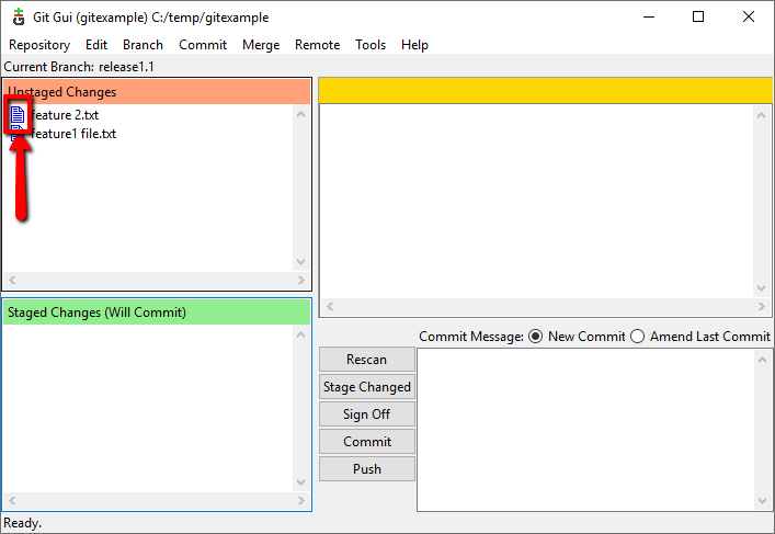 Git GUI unstaged to stage click icon single file