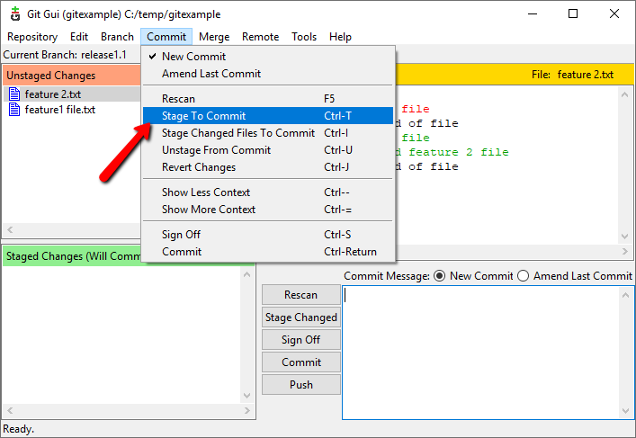 Git GUI unstaged to stage menu