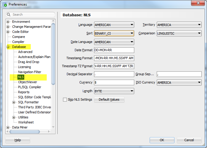 sql developer nls settings