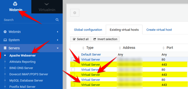 Webmin Apache list of virtual servers