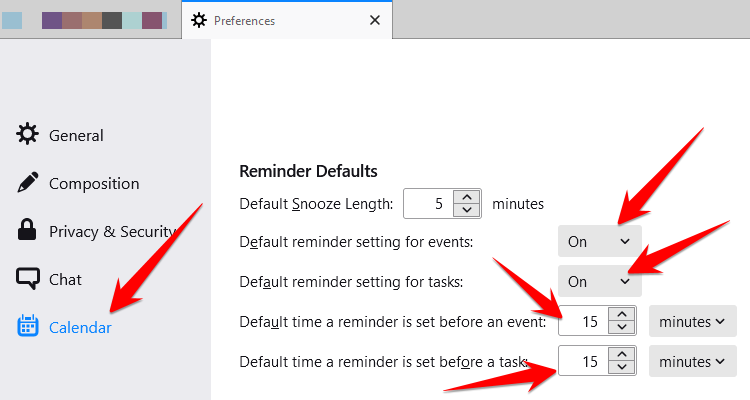 Thunderbird Calendar option to set default reminder for events and tasks