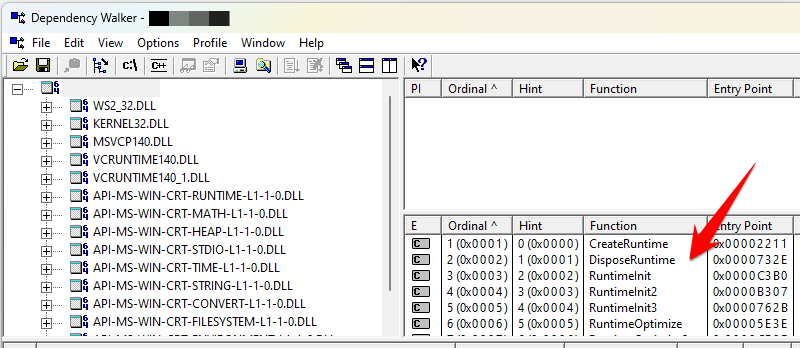 Location of exported symbols in Dependency Walker program