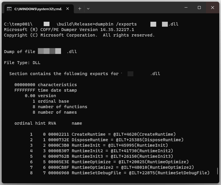 Visual Studio Dumpbin exported symbol sample