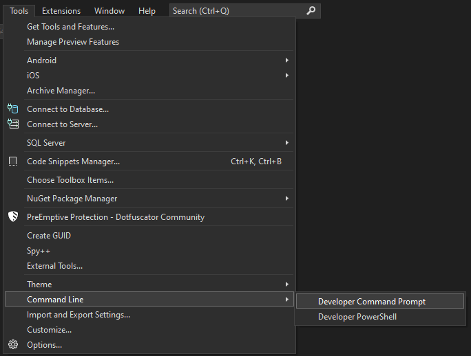 Visual Studio 2022 menu location for Developer Command Prompt