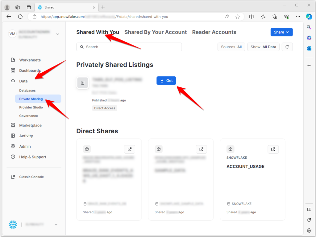 Snowflake Data menu > Private Sharing page > Shared With You tab 