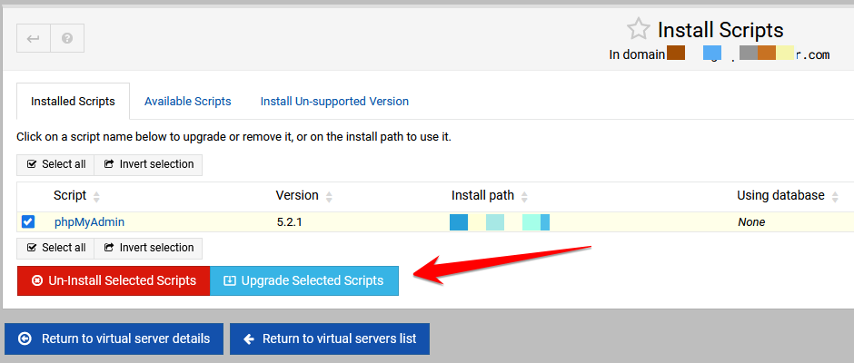 Virtualmin Install Scripts screen
