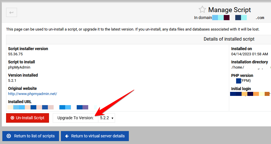 Virtualmin Manage Script screen