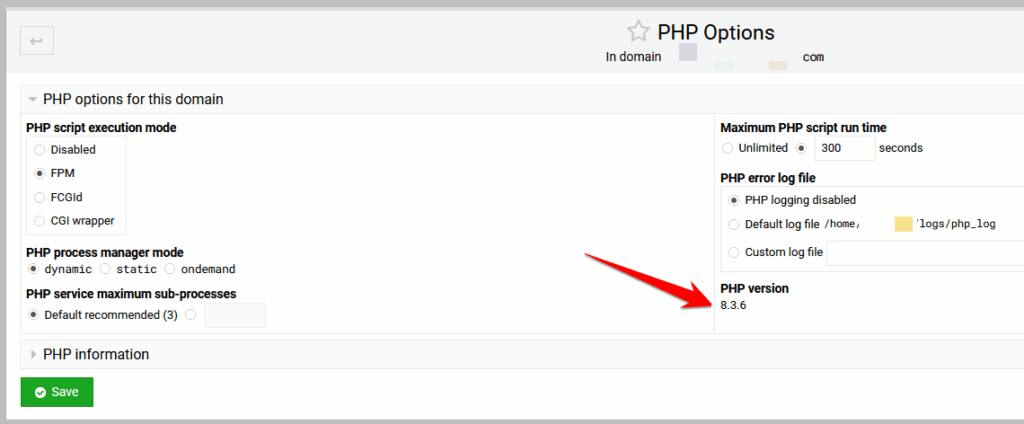 Virtualmin PHP Options screen